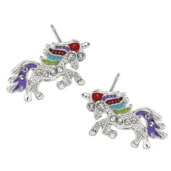 Unicorn Earrings Stud Post Pave Rhinestone Horse Rainbow SILVER MULTI Jewelry - PalmTreeSky