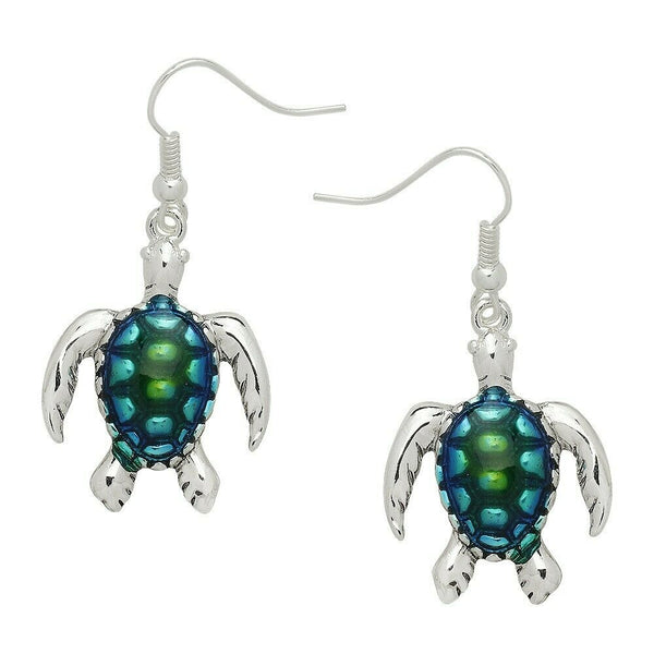 Turtle Earrings Hook Dangle Sea Life Sand Swim Beach Surfer Animal SILVER BLUE - PalmTreeSky