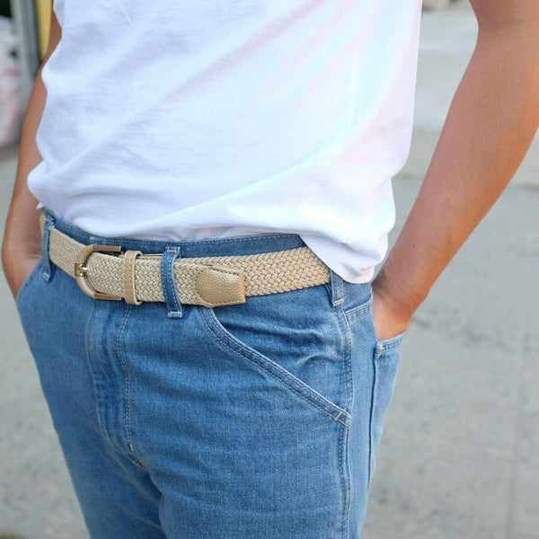 Stretch Belt Braided Weave 1.3" Wide Unisex Mens Womens 5 COLORS Two Tone Buckle - PalmTreeSky