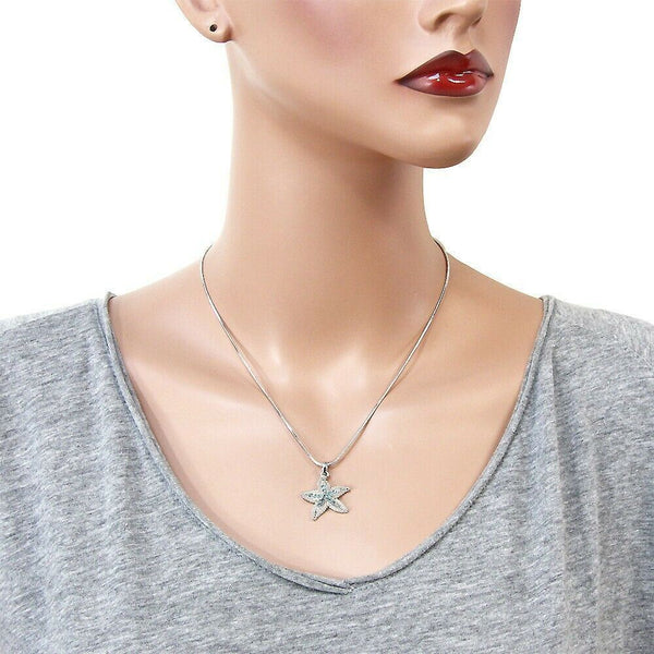 Starfish Necklace Pave Rhinestone Pendant Swirl Textured Sea SILVER AQUA Jewelry - PalmTreeSky