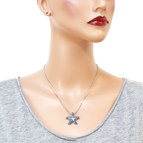Starfish Necklace Pave Rhinestones Pendant Snake Chain SILVER BLUE 2TONE Jewelry - PalmTreeSky