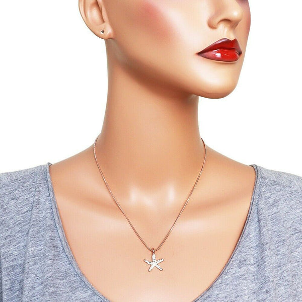 Starfish Necklace Small Pave Rhinestone Wave Ocean Sea Life Beach Jewelry ROSE - PalmTreeSky