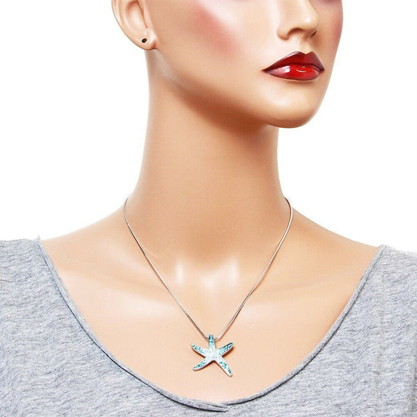 Starfish Necklace Rhinestone Pave Pendant Sea Life Beach Surfer SILVER TURQUOISE - PalmTreeSky