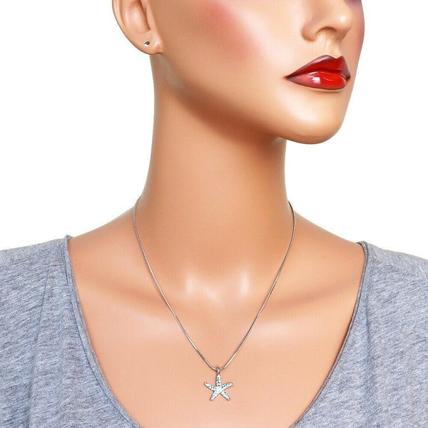 Starfish Necklace Small Pave Rhinestone Wave Ocean Sea Life Beach Jewelry AQUA - PalmTreeSky