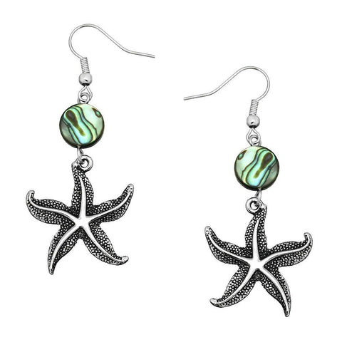Starfish Earrings Abalone Shell Drop Dangle Nubby Textured Metal SILVER Sand - PalmTreeSky