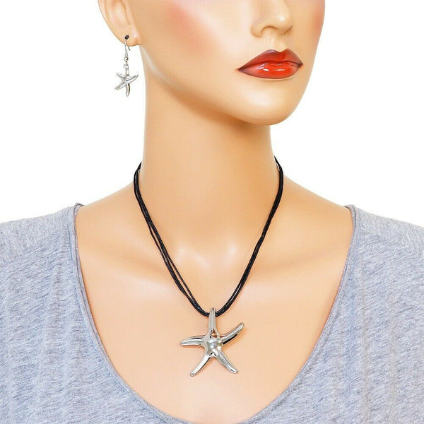Starfish Necklace SET 3 Strand Black Cords Plain Metal Pendant SILVER Jewelry - PalmTreeSky