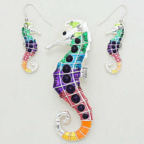 Sea Horse Pendant Earrings SILVER MULTI Sea Life Seahorse Starfish Jewelry - PalmTreeSky