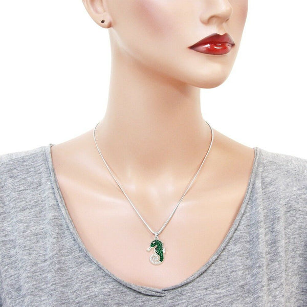 Seahorse Necklace Pave Rhinestone Crystals Pendant Charm Sea Horse SILVER GREEN - PalmTreeSky