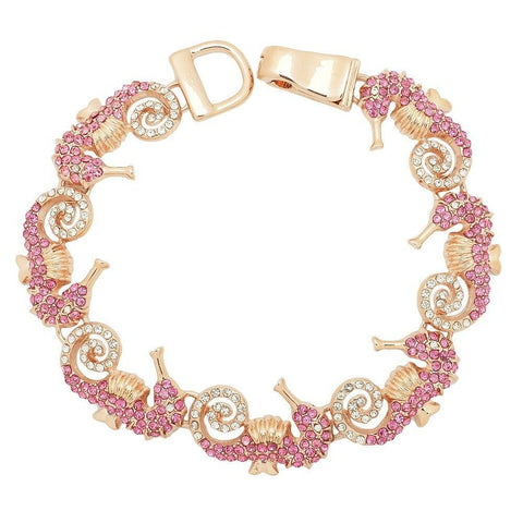 Sea Horse Bracelet Chain Link Magnetic Closure Clasp Rose Gold Stones Beach Fish - PalmTreeSky