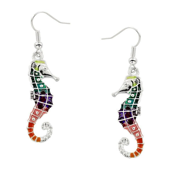 Sea Horse Earrings Painted Enamel Drop Dangle Sea Life Beach Surf SILVER MULTI - PalmTreeSky