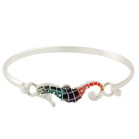 Sea Horse Bracelet Hinge Bangle SILVER MULTI Enamel Beach Sea Life Surf Jewelry - PalmTreeSky