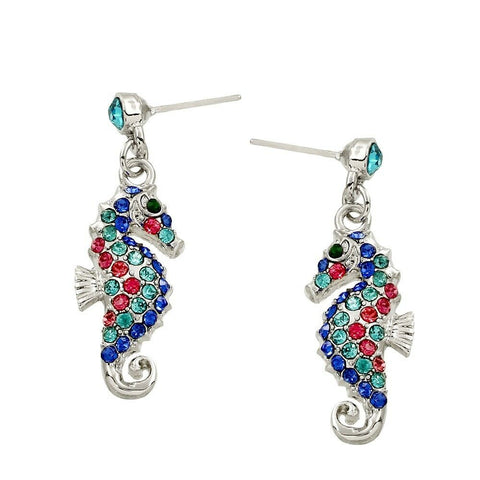 Sea Horse Earrings Pave Rhinestone Drop Dangle Sea Life Beach Surf SILVER MULTI - PalmTreeSky