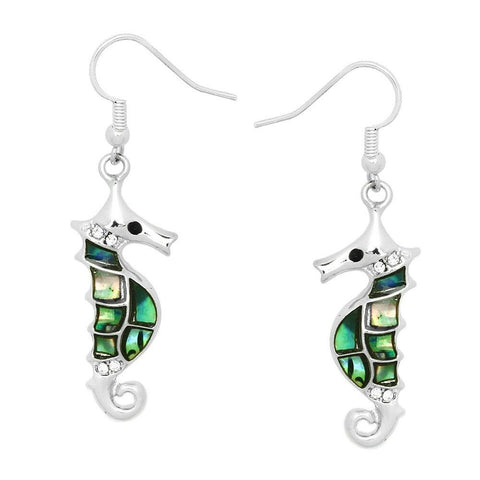 Sea Horse Earrings Sea Life Abalone Shell Metal Drop Dangle SILVER Rhinestone - PalmTreeSky