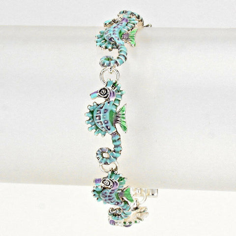 Sea Horse Chain Link Bracelet SILVER BLUE Magnetic Clasp Nautical Beach Jewelry - PalmTreeSky
