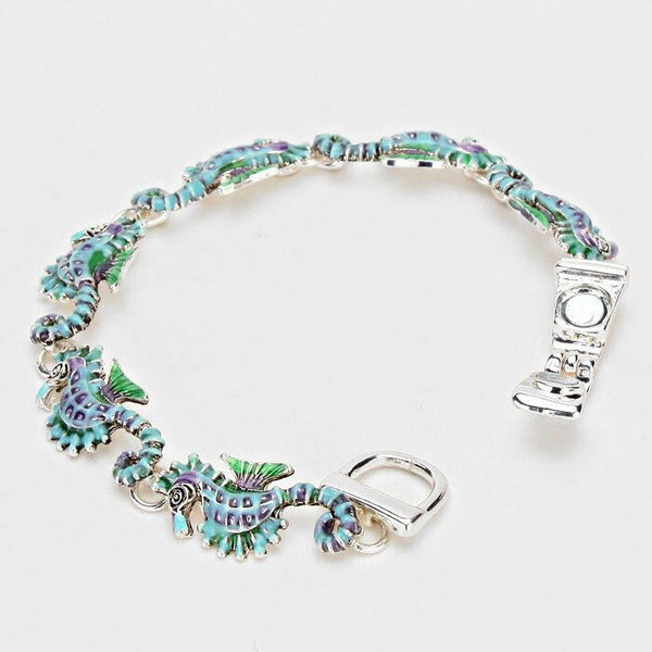 Sea Horse Chain Link Bracelet SILVER BLUE Magnetic Clasp Nautical Beach Jewelry - PalmTreeSky