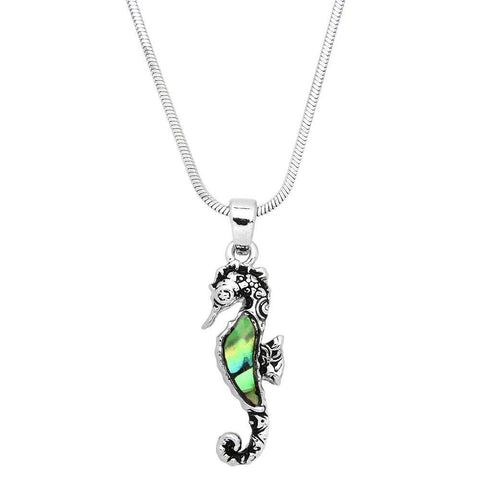 Sea Horse Necklace Small Pendant Abalone Shell Textured Metal Sea Life SILVER - PalmTreeSky