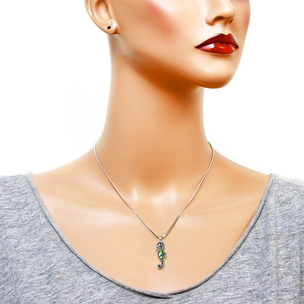 Sea Horse Necklace Small Pendant Abalone Shell Textured Metal Sea Life SILVER - PalmTreeSky