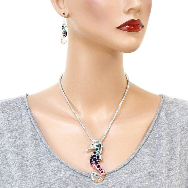 Sea Horse Necklace Pendant Set Mesh Chain Chunky SILVER MULTI Beach Jewelry - PalmTreeSky