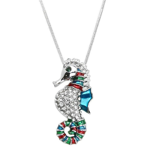Sea Horse Necklace Pendant 1.5" Charm Pave Rhinestone SILVER MULTI BLUE Beach - PalmTreeSky