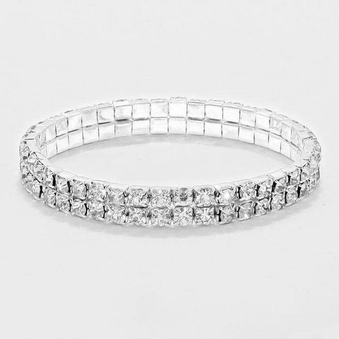 Rhinestone Bracelet 2 Row Wide Stretch Bangle Crystal Pave Wedding Bride SILVER - PalmTreeSky