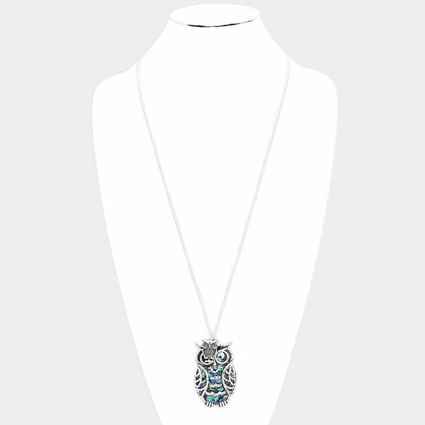 Owl Necklace Long Chain Abalone Shell Filigree Swirl Wisdom 2.5" Pendant SILVER - PalmTreeSky