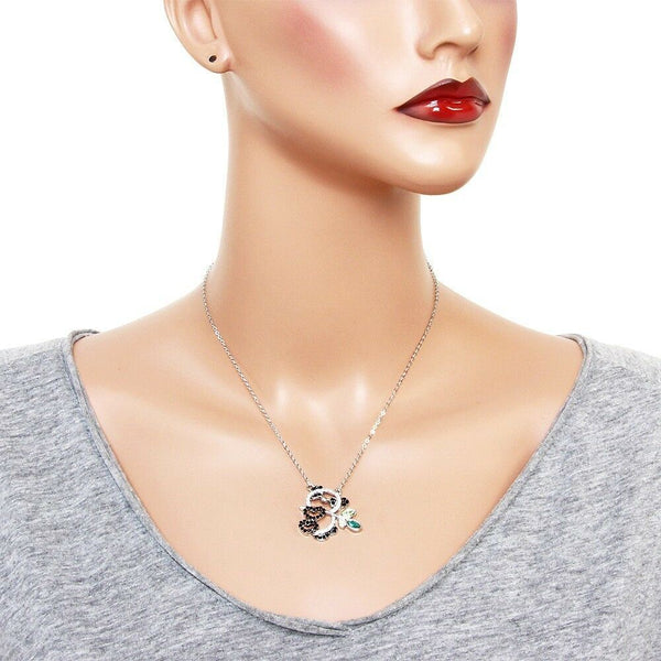 Panda Necklace Pendant Bear Bamboo Tree Leaf Rhinestone Cutout Heart BLACK WHITE - PalmTreeSky