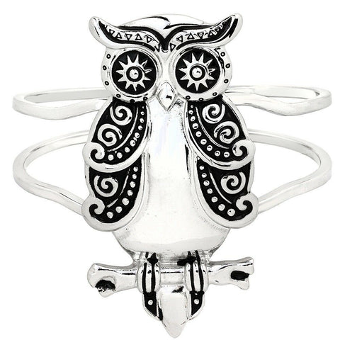 Owl Bracelet Double Bar Hinge Bangle Spoon Metal Tree Floral Jewelry SILVER - PalmTreeSky