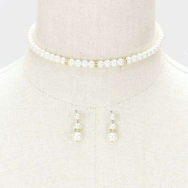 Pearl Necklace Choker Set Stud Earrings Droplet Rhinestone 5mm Bead GOLD CREAM - PalmTreeSky
