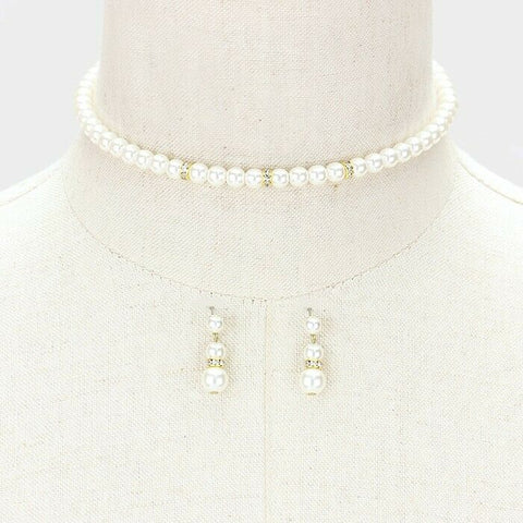 Pearl Necklace Choker Set Stud Earrings Droplet Rhinestone 5mm Bead GOLD CREAM - PalmTreeSky
