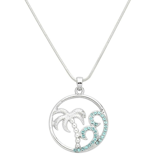 Palm Tree Necklace Metal Rhinestone Wave Ocean Tropical Sun Sand SILVER TURQ - PalmTreeSky
