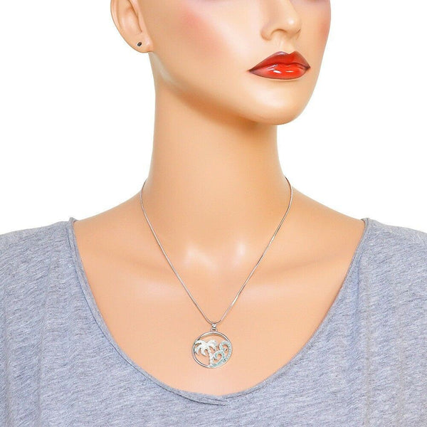 Palm Tree Necklace Metal Rhinestone Wave Ocean Tropical Sun Sand SILVER TURQ - PalmTreeSky