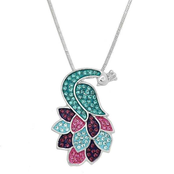 Peacock Necklace Crystal Rhinestone Bird Animal Feathers Pendant SILVER AQUA - PalmTreeSky