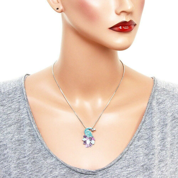 Peacock Necklace Crystal Rhinestone Bird Animal Feathers Pendant SILVER AQUA - PalmTreeSky