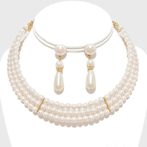 Pearl Necklace Set Stud Earrings Teardrop Pendant Choker GOLD CREAM Jewelry - PalmTreeSky