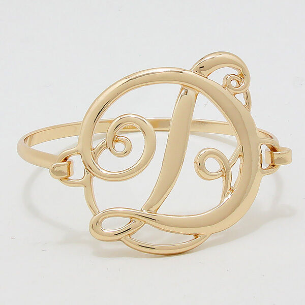 Monogram Initial Bangle Bracelet GOLD 1.75"Letter D Hinge Bangle Metal Jewelry - PalmTreeSky
