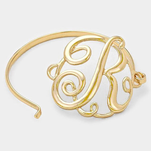 Monogram Initial Bangle Bracelet GOLD 1.75" Hinge Bangle Metal Jewelry Letter R - PalmTreeSky