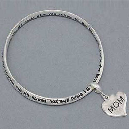 Mom Bangle Bracelet Heart Charm SILVER Mother Love Inspiration Message Jewelry - PalmTreeSky