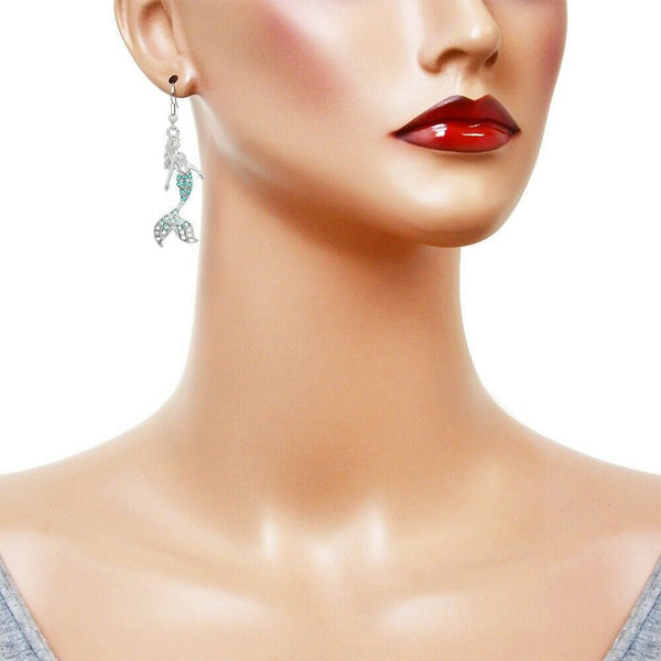 Mermaid Earrings Drop Dangle Rhinestone Beach Sea Life Surf Jewelry SILVER TURQ - PalmTreeSky