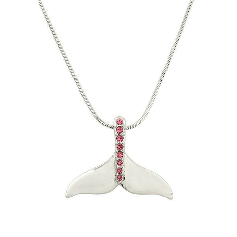 Mermaid Necklace Whale Tail Droplet Pave Center Metal Sea Swim SILVER PINK - PalmTreeSky