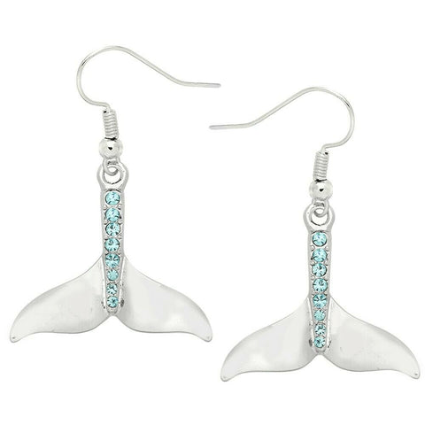 Mermaid Earrings Whale Tail Droplet Pave Center Metal Sea Swim SILVER TURQUOISE - PalmTreeSky