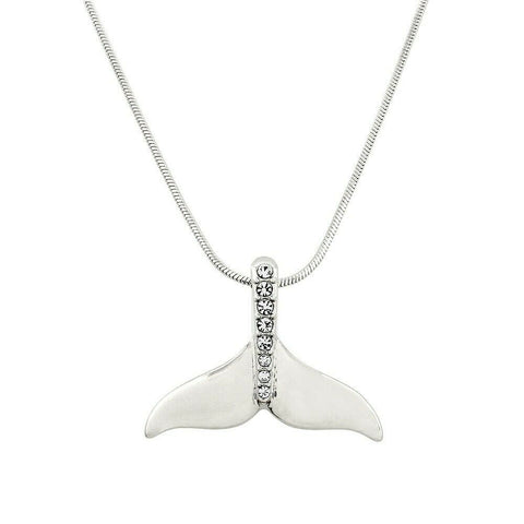 Mermaid Necklace Whale Tail Droplet Pave Center Metal Sea Swim SILVER CLEAR - PalmTreeSky