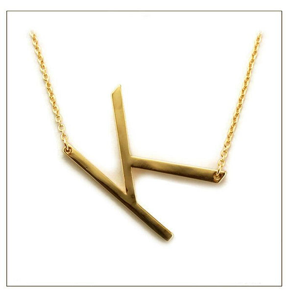 Initial Necklace Side Letter K Thin Large Monogram 1.75" Personalized Name GOLD - PalmTreeSky
