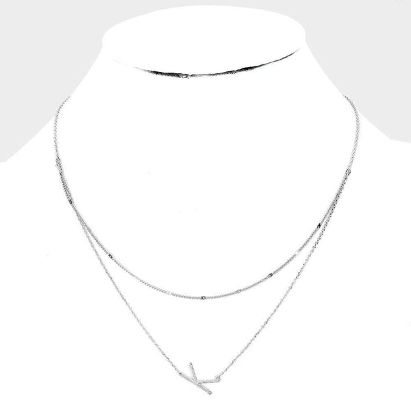 Initial Necklace Layered Chain Sideways Pendant Side Letter K Monogram SILVER - PalmTreeSky