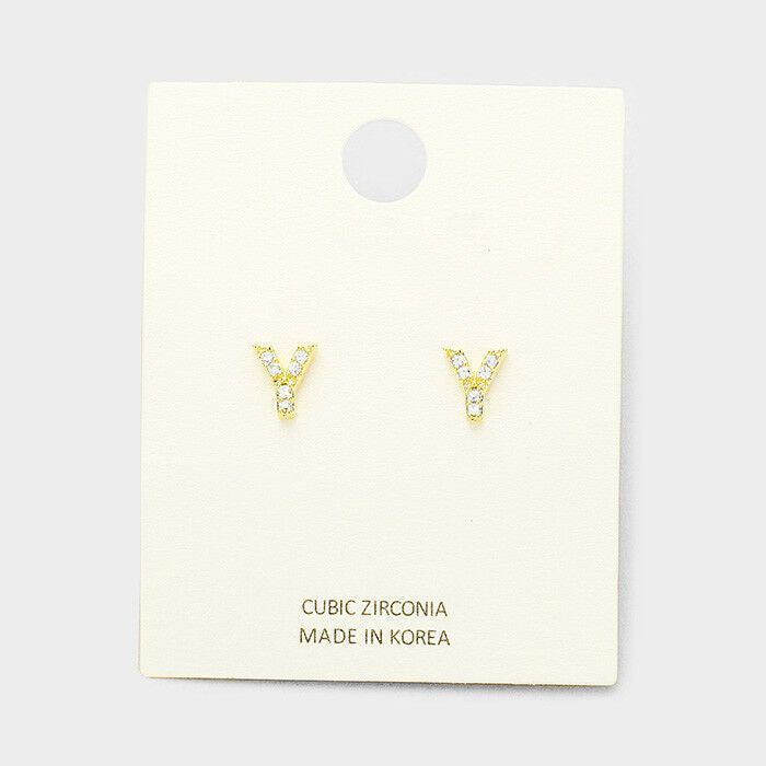 Initial Earrings Monogram Letter Y Stud Post Cubic Zirconia Tiny Small GOLD - PalmTreeSky