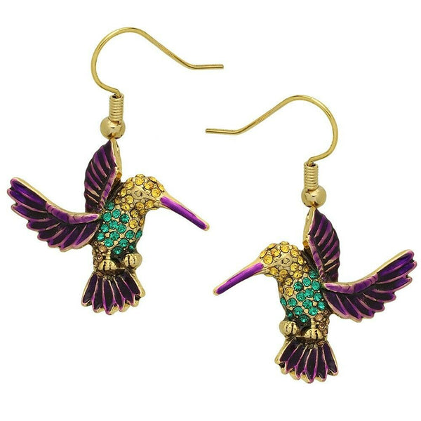 Hummingbird Earrings Charm Pave Rhinestone Fly Bird Drop Dangle GOLD PP Jewelry - PalmTreeSky