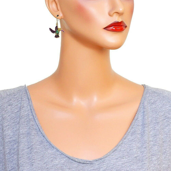 Hummingbird Earrings Charm Pave Rhinestone Fly Bird Drop Dangle GOLD PP Jewelry - PalmTreeSky