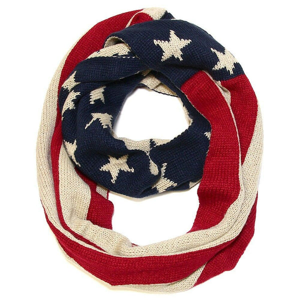 American Flag Scarf Knitted Stars Stripes RED TAN BLUE Infinity Circle USA - PalmTreeSky