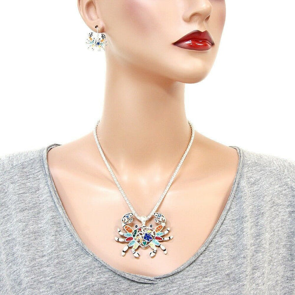 Crab Necklace SET Beaded Pave Crystals Metal SILVER MULTI Beach Surf Sea Life - PalmTreeSky