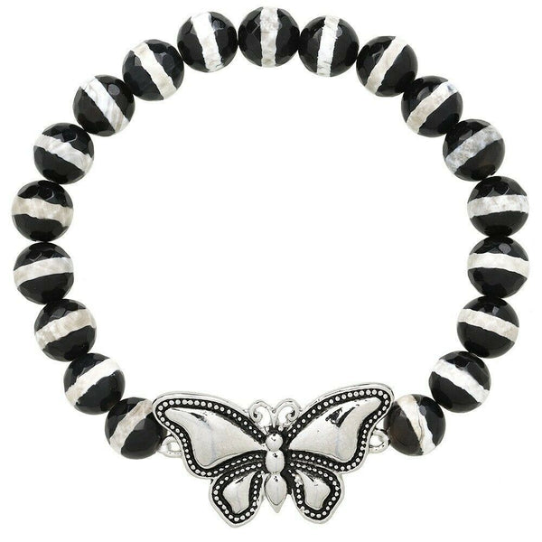 Butterfly Bracelet 28 COLORS Stretch Bead Bracelet Metal Charm 8mm Natural Stone - PalmTreeSky