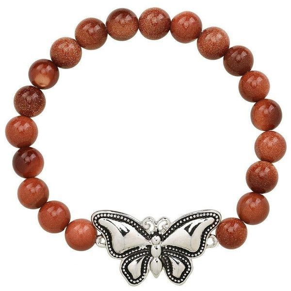 Butterfly Bracelet 28 COLORS Stretch Bead Bracelet Metal Charm 8mm Natural Stone - PalmTreeSky